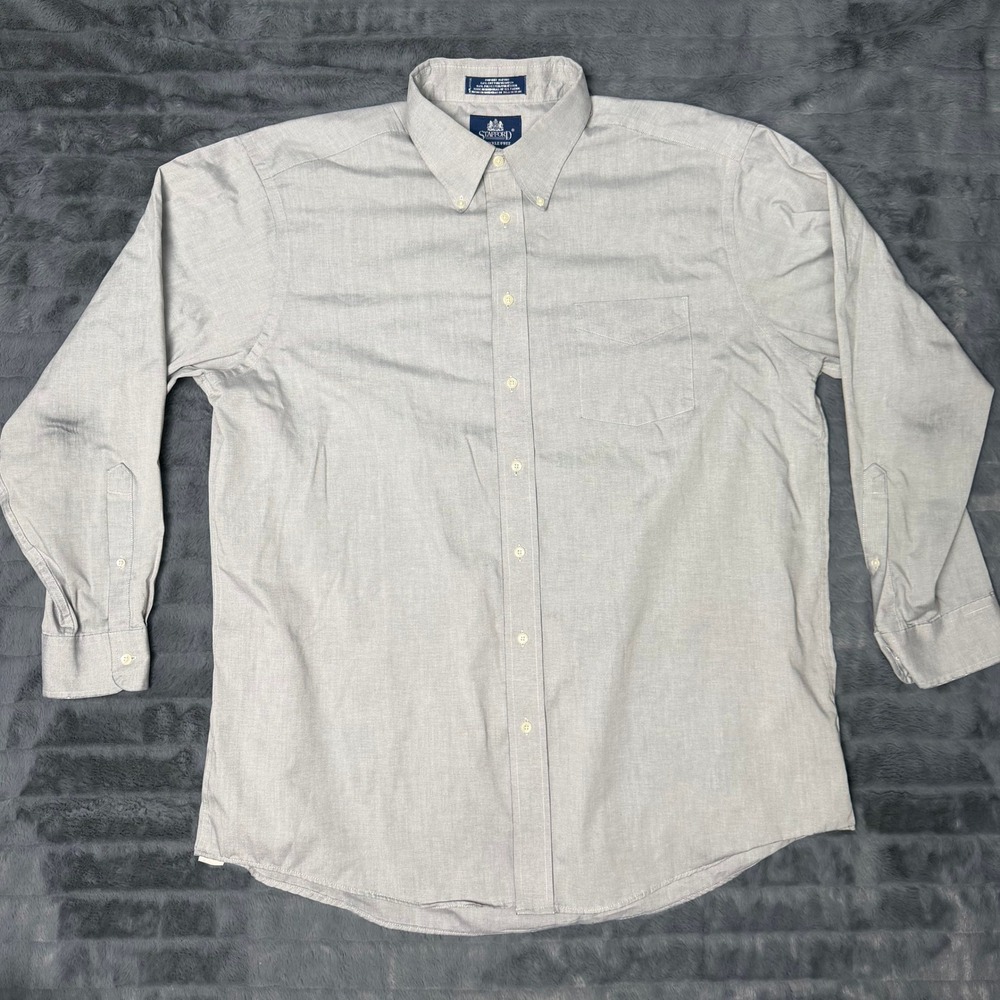 Stafford Button Down Shirt Mens 17.5 35 Gray Pinpoint Oxford Wrinkle Free Long